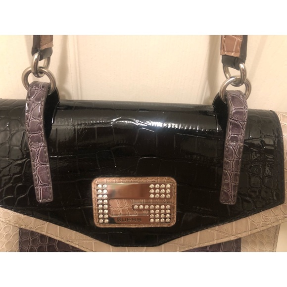 GUESS Top Handle Colour Block Handbag Faux Croc-embossed Leather - Picture 5 of 9